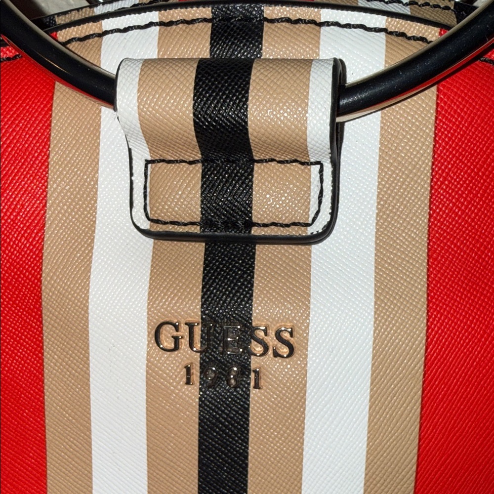 GUESS Red and Cream Striped Shoulder Bag with Gold Handles - Picture 2 of 16